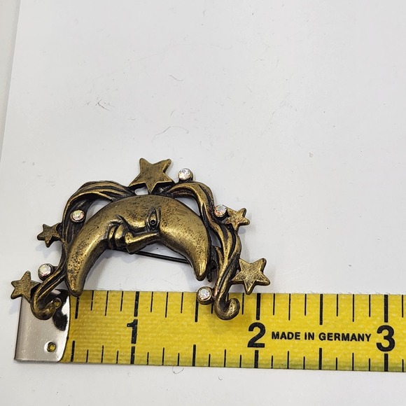 Patricia Darling Dash Brass Tone Crescent Moon Stars Brooch Pink AB Crystals - Picture 5 of 5